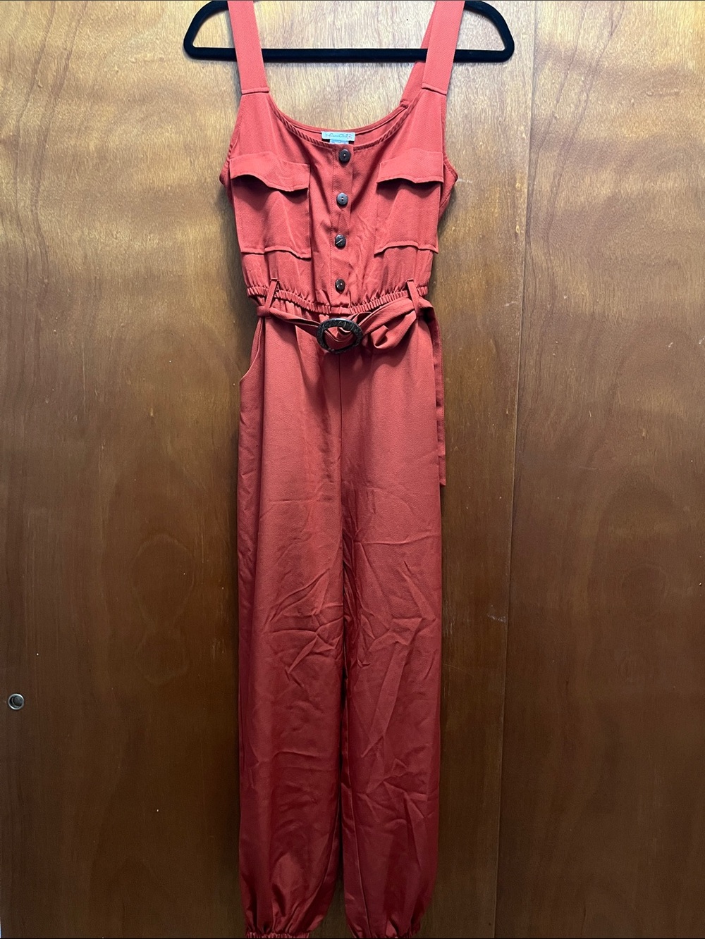 Sleeveless Brick Red Button-Front Belted Jumpsuit